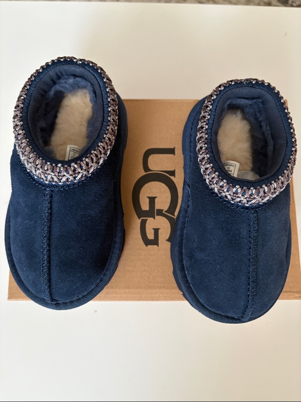 UGG Navy Suede Shearling Lined Slip-On Slippers